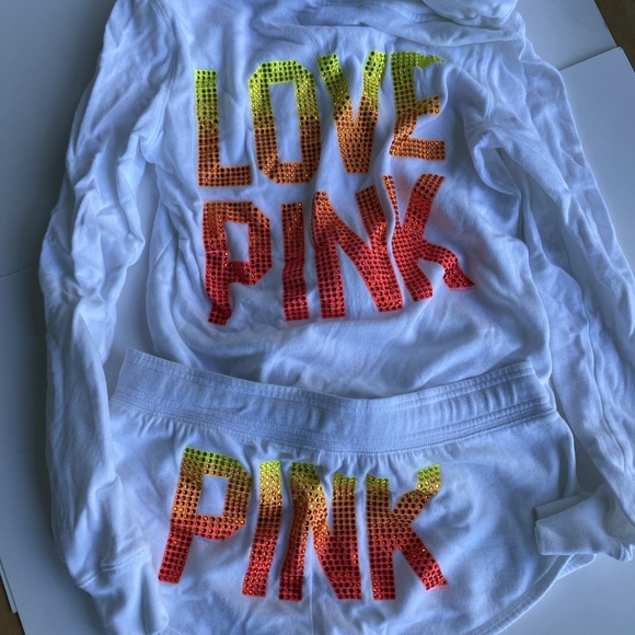HTF Victoria Secret PINK Ombre Rhinestone Logo Zipper Hoodie Shorts Set White - Picture 1 of 11